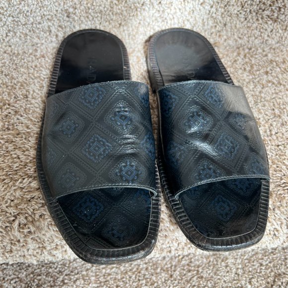 Prada Men's Black/Blue Trim Leather Open Toe Slip On Slides Sandals. - Picture 12 of 16